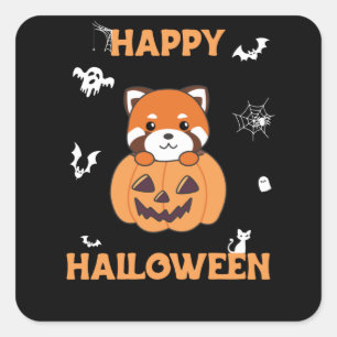 Pegatina Cuadrada Panda Rojo En Calabaza Cute Pandas Feliz Halloween