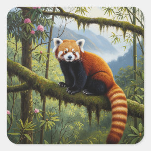 Pegatina Cuadrada Panda rojo en viaje por el parque nacional de Sing
