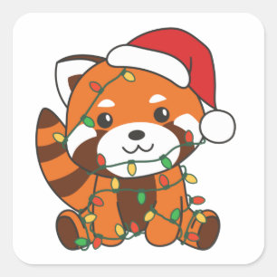 Pegatina Cuadrada Panda Rojo Navidades Animales De Invierno Pandas R