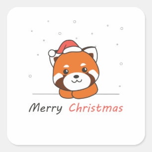 Pegatina Cuadrada Panda Rojo Navidades Nieve Animales De Invierno Pa