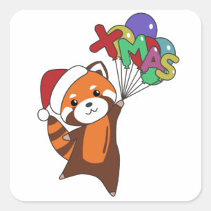 Pegatina Cuadrada Panda Rojo Navidades Nieve Animales De Invierno Pa