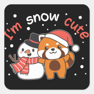 Pegatina Cuadrada Panda Rojo Soy Nieve Cute Snowman Nieve Pun Square