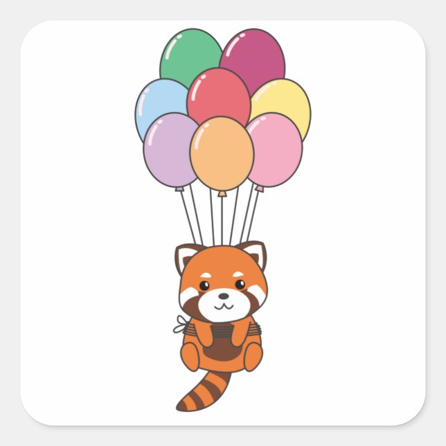 Pegatina Cuadrada Panda Rojo vuela Con Globos Coloridos (Anverso)
