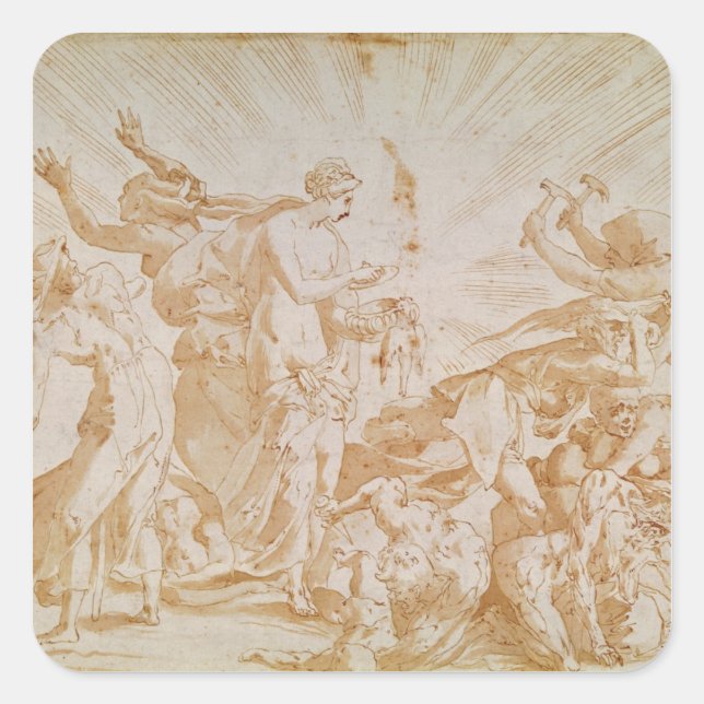 Pegatina Cuadrada Pandora abriendo la caja (Anverso)