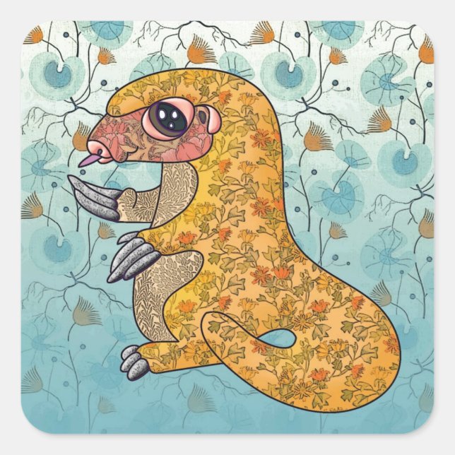 Pegatina Cuadrada Pangolin en telas de flores (Anverso)