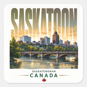 Pegatina Cuadrada Panorama de Saskatoon Canadá Río Saskatchewan Sur