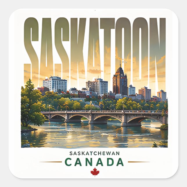 Pegatina Cuadrada Panorama de Saskatoon Canadá Río Saskatchewan Sur (Anverso)