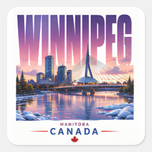 Pegatina Cuadrada Panorama de Winnipeg Canadá Frente al río Recuerdo