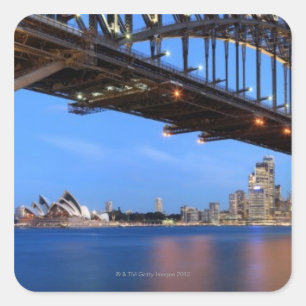 Pegatina Cuadrada Panorama del puente de puerto de Sydney, ópera de