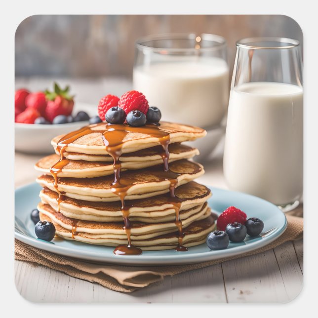 Pegatina Cuadrada Panqueques y leche (Anverso)