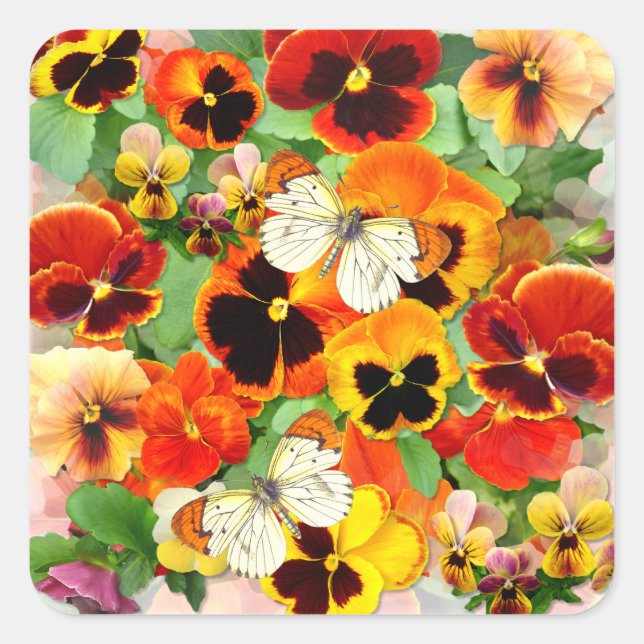 Pegatina Cuadrada Pansias Y Mariposas De Atardecer (Anverso)