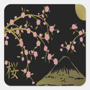 Pegatina Cuadrada Pantalla Japonesa Rosa Sakura Dorado Negro