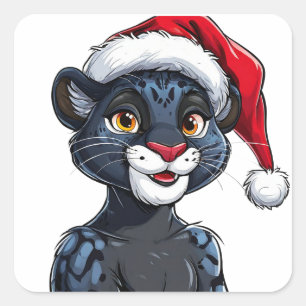 Pegatina Cuadrada Pantera Negra con Sombrero de Navidad