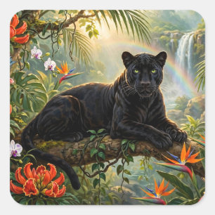 Pegatina Cuadrada Pantera Negra Flores de Jungla de Kenia Cascada