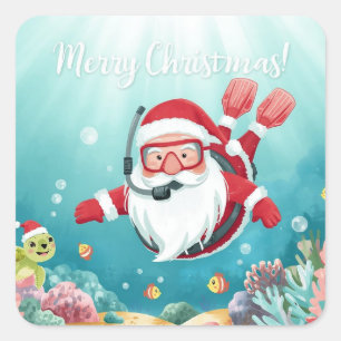 Pegatina Cuadrada Papá Noel Buceador Feliz Navidad Bajo el Agua