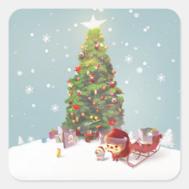 Pegatina Cuadrada Papá Noel con el árbol de Navidad