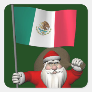 Pegatina Cuadrada Papá Noel con Estandarte de México