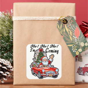 Pegatina Cuadrada Papá Noel conduciendo un coche clásico rojo