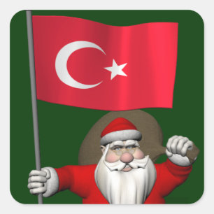 Pegatina Cuadrada Papá Noel divertido con la bandera de Turquía