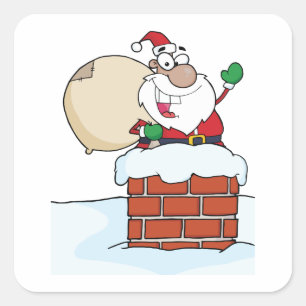 Pegatina Cuadrada Papá Noel divertido en la chimenea