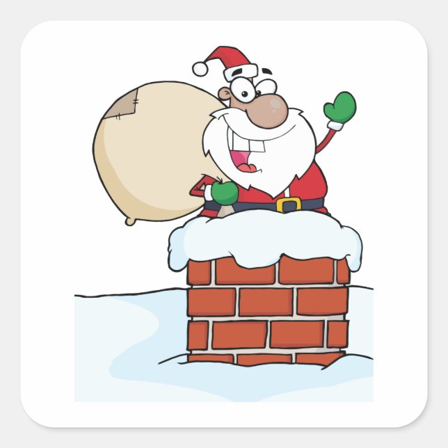Pegatina Cuadrada Papá Noel divertido en la chimenea (Anverso)