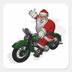 Pegatina Cuadrada Papá Noel divertido en una vieja moto verde