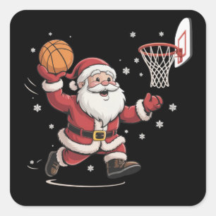 Pegatina Cuadrada Papá Noel Divertido Jugando Baloncesto Regalo de N