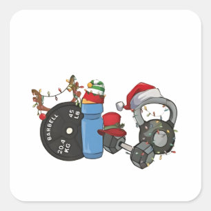 Pegatina Cuadrada Papá Noel divertido levantando pesas Mancuernas Gi