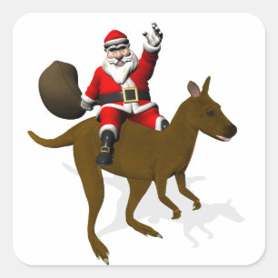 Pegatina Cuadrada Papá Noel Divertido Montado en Canguro