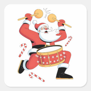 Pegatina Cuadrada Papá Noel divertido tocando la batería en Navidad