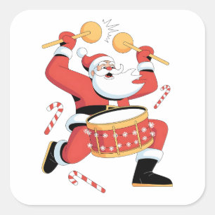 Pegatina Cuadrada Papá Noel divertido tocando la batería en Navidad 