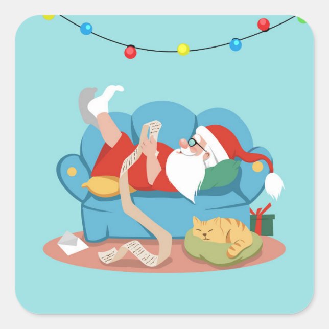 Pegatina Cuadrada Papá Noel en el sofá en pijama (Anverso)