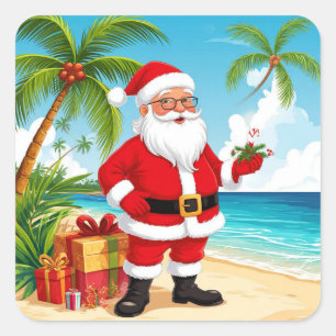 Pegatina Cuadrada Papá Noel en la playa soleada con regalos de Navid