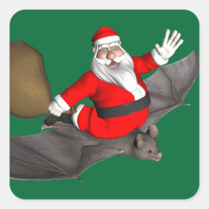 Pegatina Cuadrada Papá Noel en murciélago volador
