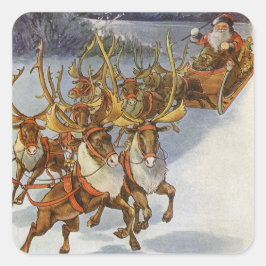 Pegatina Cuadrada Papá Noel en su trineo con renos