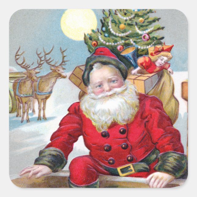 Pegatina Cuadrada Papá Noel en un Tejado (Anverso)