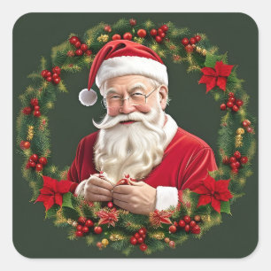 Pegatina Cuadrada Papá Noel en una guirnalda festiva