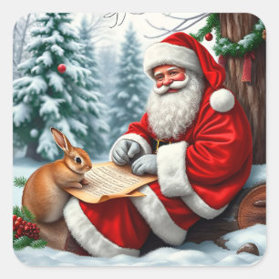Pegatina Cuadrada Papá Noel escribiendo una carta en un bosque nevad