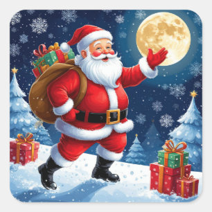 Pegatina Cuadrada Papá Noel llevando regalos de Navidad