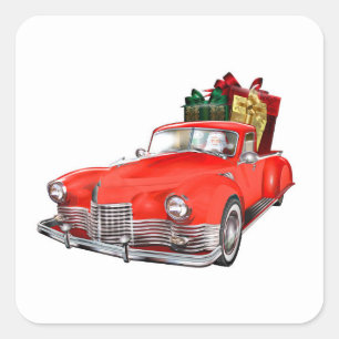Pegatina Cuadrada Papá Noel manejando un auto retro con giftsb