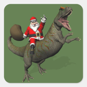 Pegatina Cuadrada Papá Noel montado en Allosaurus
