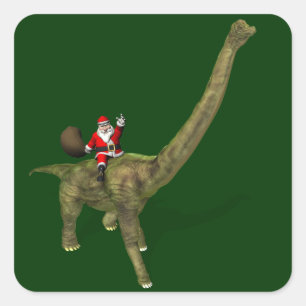 Pegatina Cuadrada Papá Noel montado en Brachiosaurus