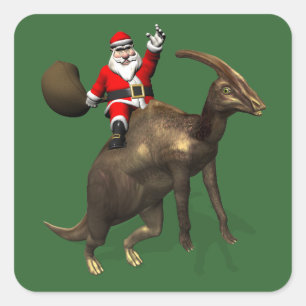 Pegatina Cuadrada Papá Noel montado en un Parasaurolophus