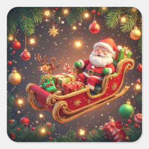 Pegatina Cuadrada Papá Noel montado en un trineo con un reno