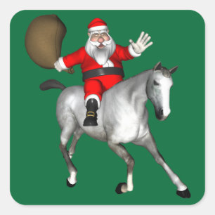 Pegatina Cuadrada Papá Noel montando un caballo gris
