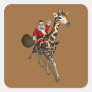 Pegatina Cuadrada Papá Noel montando una jirafa