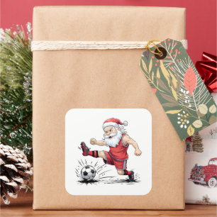 Pegatina Cuadrada Papá Noel Musculoso de Fútbol Pateando Pelota