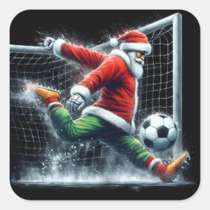 Pegatina Cuadrada Papá Noel patea una pelota de fútbol en diversión