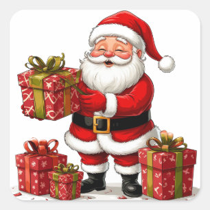 Pegatina Cuadrada Papá Noel rodeado de regalos de Navidad