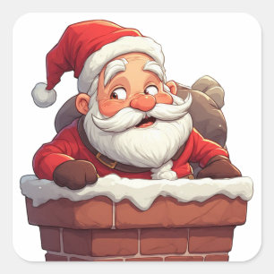 Pegatina Cuadrada Papá Noel sentado en la chimenea con regalo de Nav